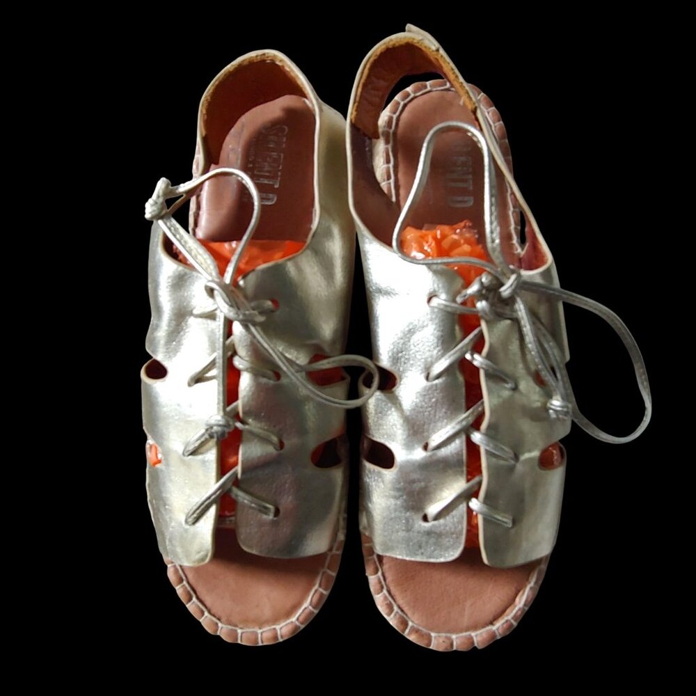 Anthropologie Silent D by Django Gold Metallic Leather Lace Sandal (39) 8.5